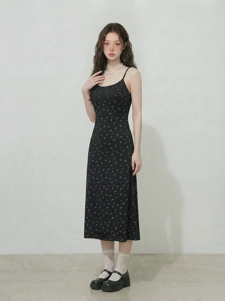 실사 빅 사이즈 여성 의류 검정색 꽃무늬 몸매 가꾸기 슬립 드레스 데님 재킷 투피스 세트 지방 mm 품격 슬립 상세 이미지 9
