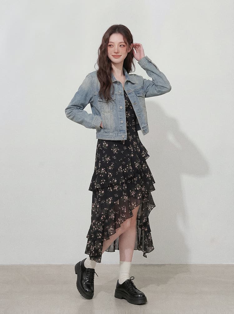 실사 빅 사이즈 여성 의류 이른 가을 고급 센스 불규칙 프랑스식 꽃무늬 슬립 드레스 작은 대중 데님 재킷 세트 상세 이미지 3
