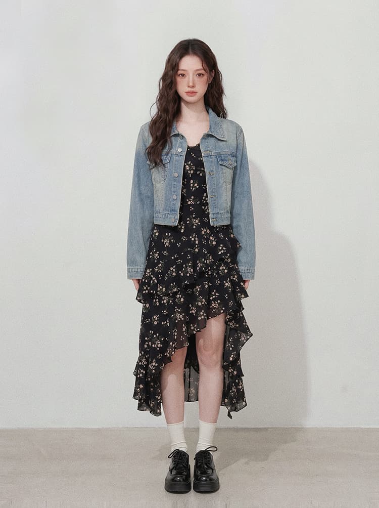 실사 빅 사이즈 여성 의류 이른 가을 고급 센스 불규칙 프랑스식 꽃무늬 슬립 드레스 작은 대중 데님 재킷 세트 상세 이미지 4