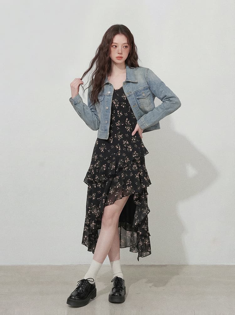 실사 빅 사이즈 여성 의류 이른 가을 고급 센스 불규칙 프랑스식 꽃무늬 슬립 드레스 작은 대중 데님 재킷 세트 상세 이미지 6