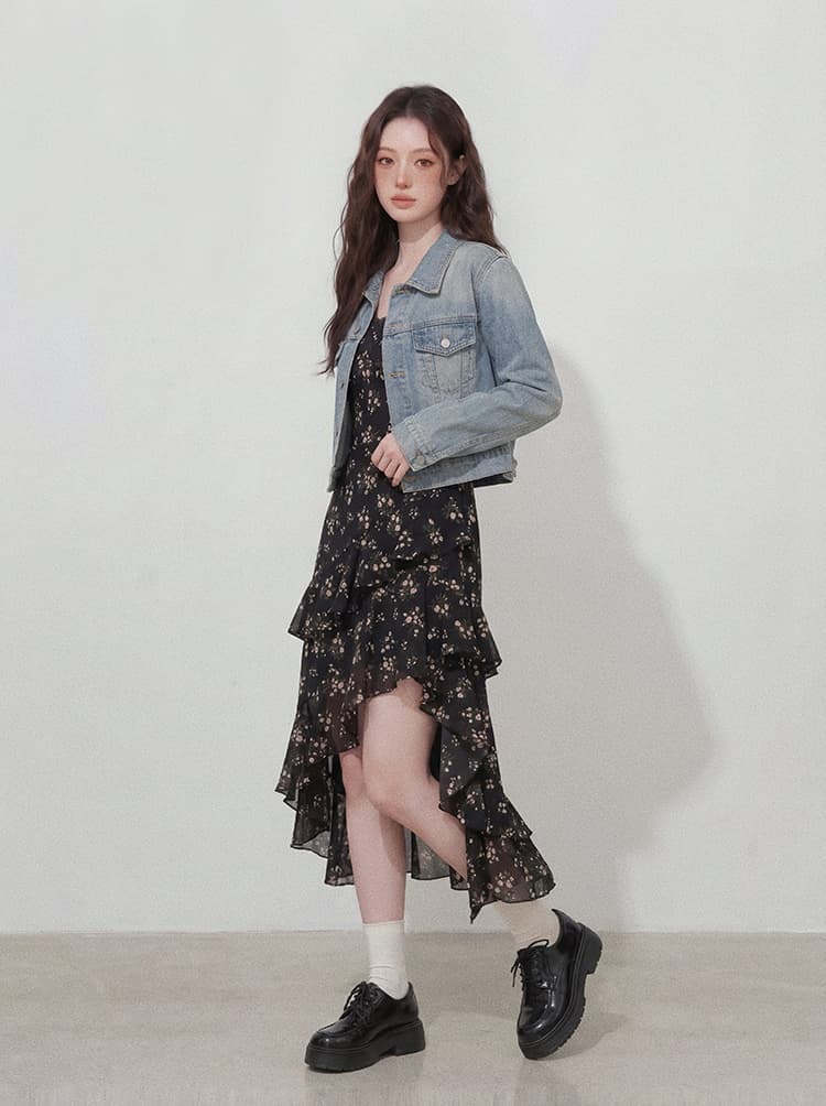 실사 빅 사이즈 여성 의류 이른 가을 고급 센스 불규칙 프랑스식 꽃무늬 슬립 드레스 작은 대중 데님 재킷 세트 상세 이미지 8