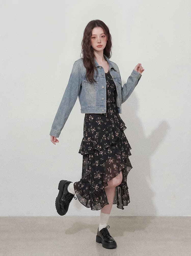 실사 빅 사이즈 여성 의류 이른 가을 고급 센스 불규칙 프랑스식 꽃무늬 슬립 드레스 작은 대중 데님 재킷 세트 상세 이미지 9