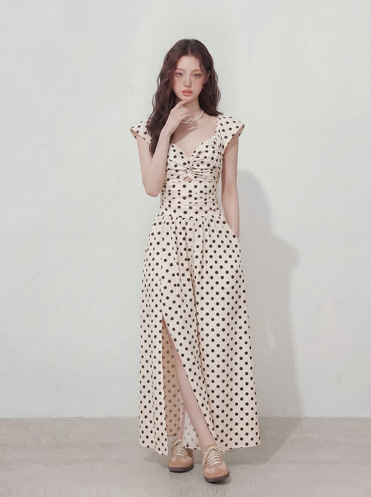 실사 빅 사이즈 여성 의류 고급 센스 도트 무늬 드레스 여름 새로운 주름 허리 수축 슬림해 보이는 품격 롱 코트 치마 상세 이미지 1
