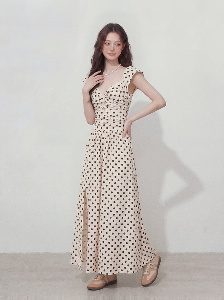 실사 빅 사이즈 여성 의류 고급 센스 도트 무늬 드레스 여름 새로운 주름 허리 수축 슬림해 보이는 품격 롱 코트 치마 상세 이미지 6