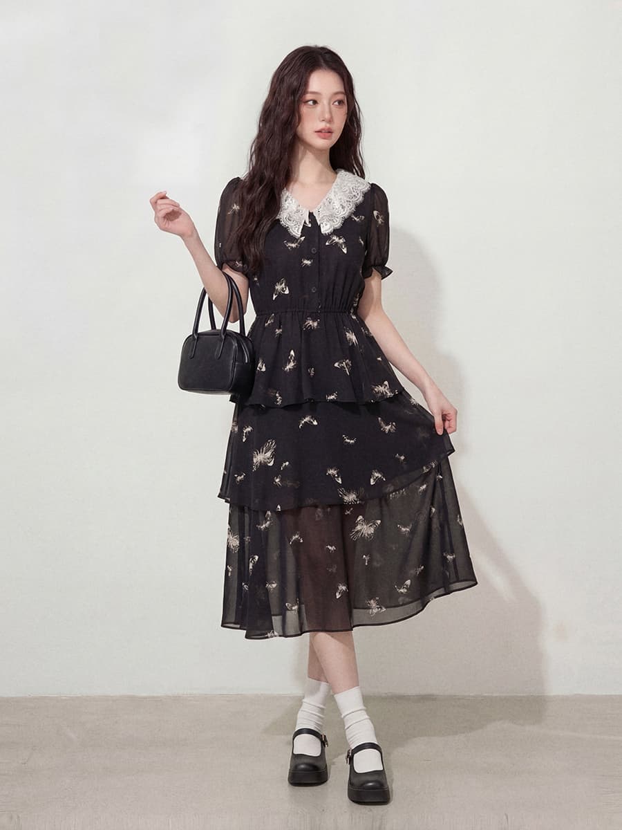 실사 빅 사이즈 레이스 조각 검정색 케이크 드레스 지방 mm 새로운 V넥 허리 수축 슬림해 보이는 품격 여성 롱 스커트 상세 이미지 6