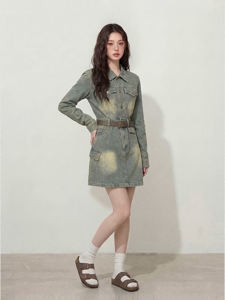 실사 빅 사이즈 여성 의류 l-4xl 가을 레트로 홍콩 느낌 워싱 허리 수축 슬림해 보이는 데님 점프 슈트 미니 스커트 벨트 이미지 2
