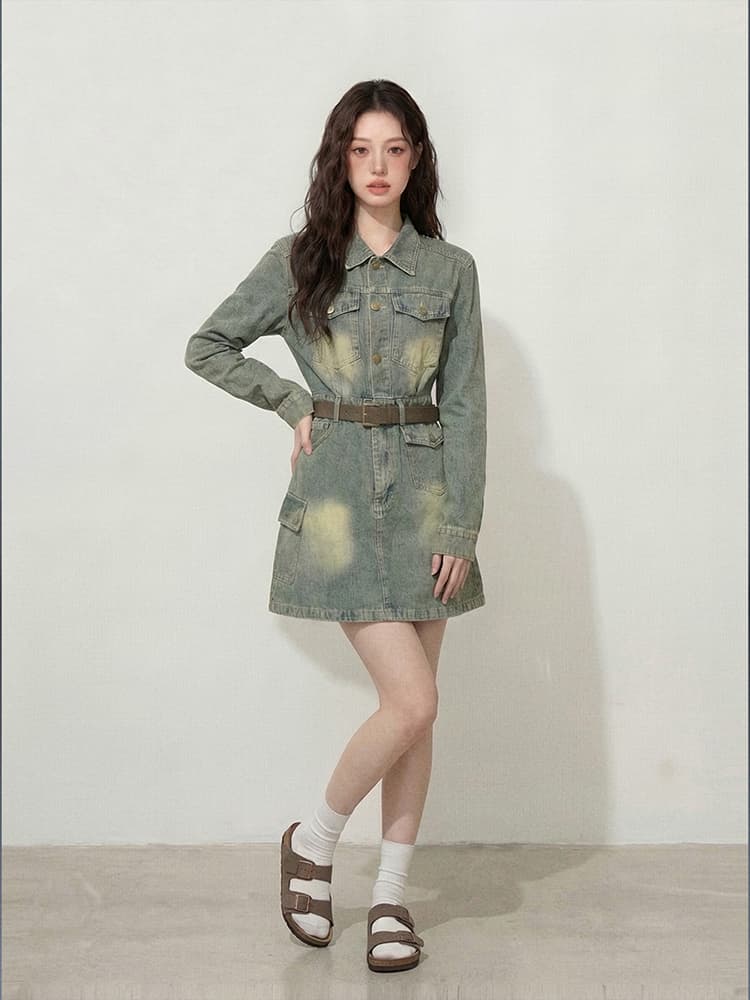실사 빅 사이즈 여성 의류 l-4xl 가을 레트로 홍콩 느낌 워싱 허리 수축 슬림해 보이는 데님 점프 슈트 미니 스커트 벨트 상세 이미지 3