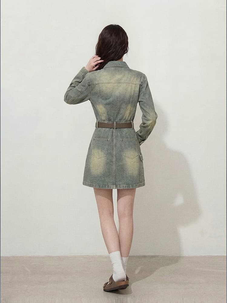 실사 빅 사이즈 여성 의류 l-4xl 가을 레트로 홍콩 느낌 워싱 허리 수축 슬림해 보이는 데님 점프 슈트 미니 스커트 벨트 상세 이미지 5