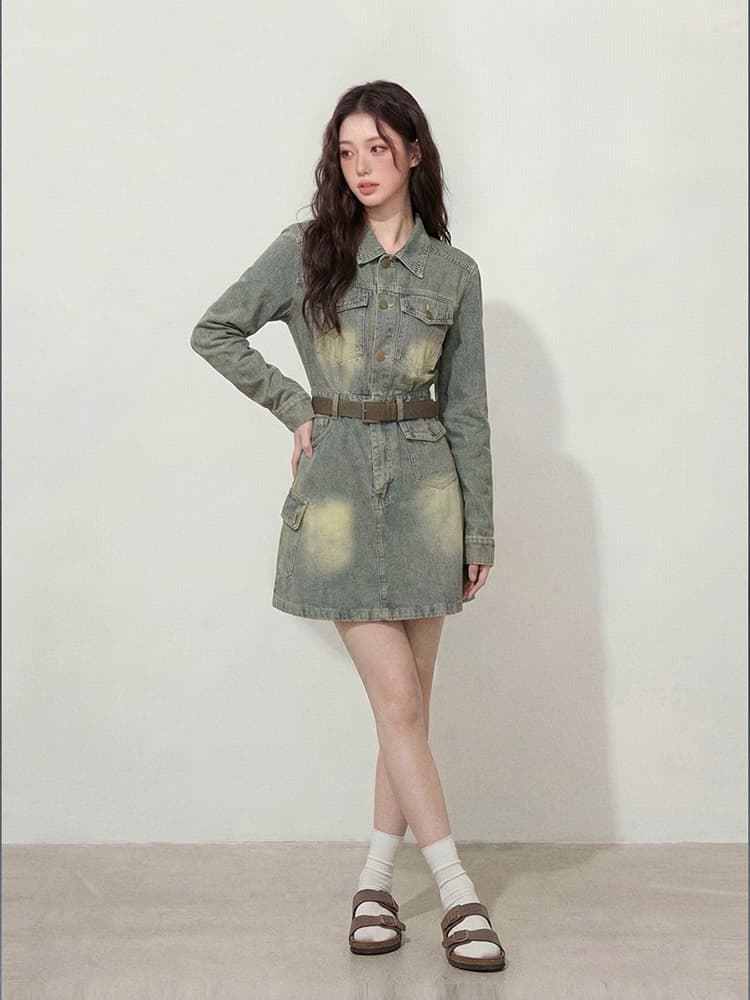 실사 빅 사이즈 여성 의류 l-4xl 가을 레트로 홍콩 느낌 워싱 허리 수축 슬림해 보이는 데님 점프 슈트 미니 스커트 벨트 상세 이미지 7