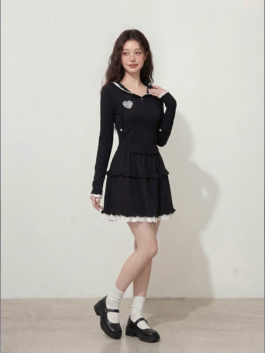 실사 빅 사이즈 여성 의류 이른 가을 달콤한 핫걸 순수한 욕망 바람 몸매 가꾸기 슬림해 보이는 후드 맨위 반신 미니 스커트 투피스 세트 이미지 3