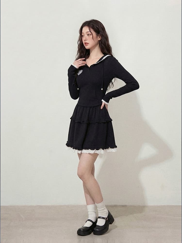 실사 빅 사이즈 여성 의류 이른 가을 달콤한 핫걸 순수한 욕망 바람 몸매 가꾸기 슬림해 보이는 후드 맨위 반신 미니 스커트 투피스 세트 상세 이미지 8
