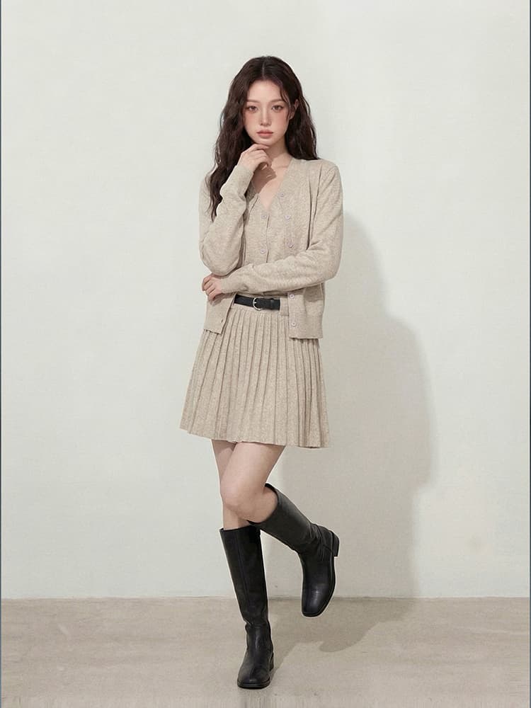실사 빅 사이즈 여성 의류 l-4xl 가을 고급 센스 니트 오픈 가디건 슬립 드레스 투피스 세트 지방 mm 슬림해 보이는 상세 이미지 3