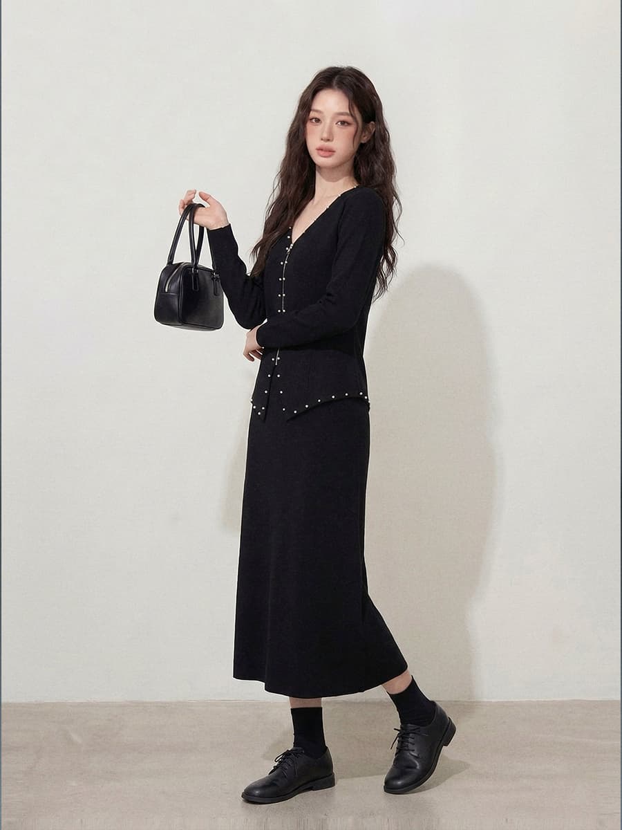 실사 빅 사이즈 여성 의류 가을 고급 센스 진주 지퍼 재킷 검정색 슬림해 보이는 한 마디 반신 스커트 투피스 세트 상세 이미지 4