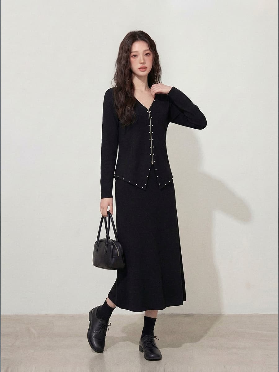 실사 빅 사이즈 여성 의류 가을 고급 센스 진주 지퍼 재킷 검정색 슬림해 보이는 한 마디 반신 스커트 투피스 세트 상세 이미지 5