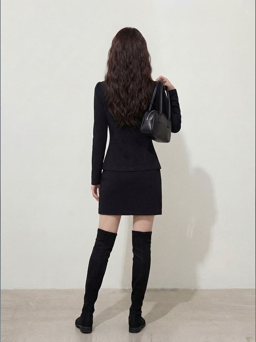 실사 빅 사이즈 여성 의류 가을 고급 센스 진주 지퍼 재킷 검정색 슬림해 보이는 한 마디 반신 스커트 투피스 세트 상세 이미지 7
