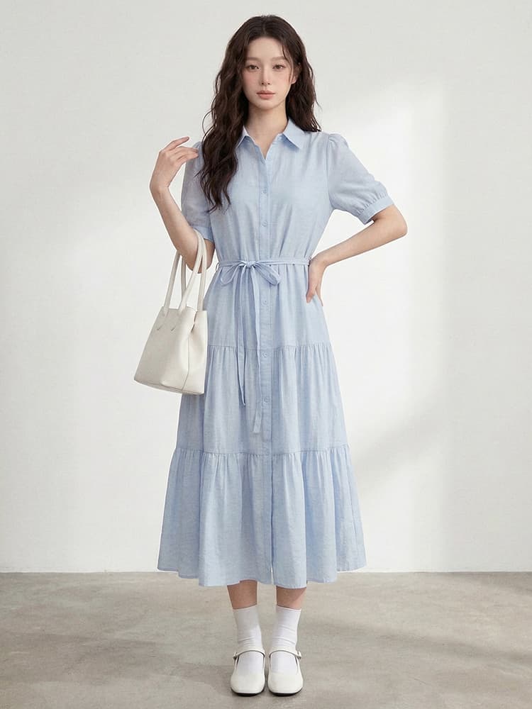 실사 빅 사이즈 여성 의류 l-4xl 히아신스 품격 파란색 여성 드레스 지방 mm 중간 길이 슬림해 보이는 치마 상세 이미지 4