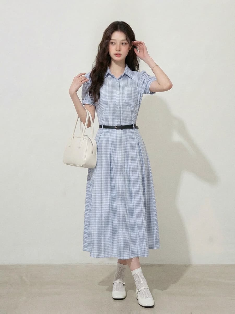 실사 원본 품질 빅 사이즈 여성 의류 l-4xl 한 부서 품격 허리 수축 슬림해 보이는 스트라이프 반팔 셔츠 드레스 이미지 2