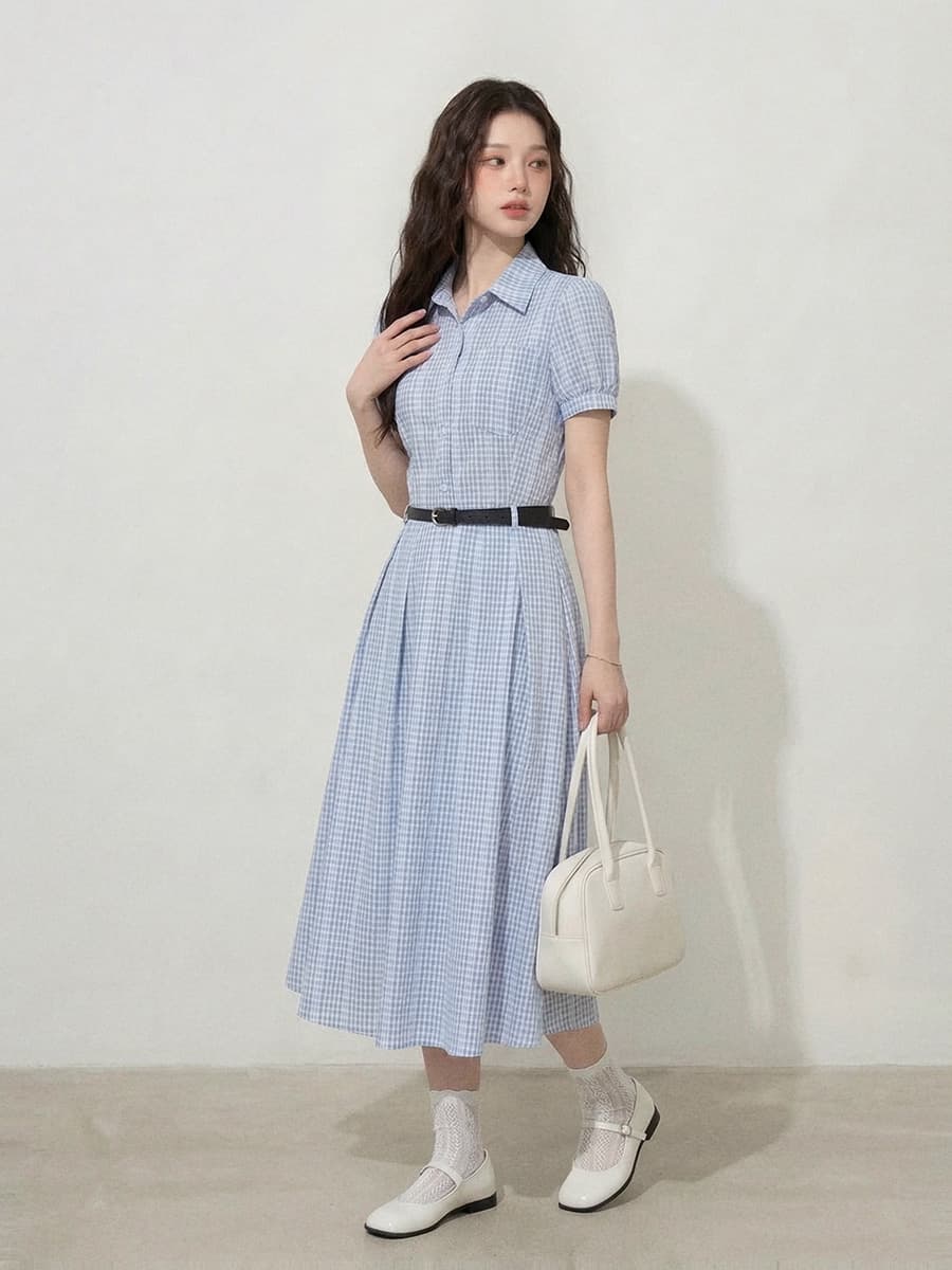 실사 원본 품질 빅 사이즈 여성 의류 l-4xl 한 부서 품격 허리 수축 슬림해 보이는 스트라이프 반팔 셔츠 드레스 이미지 4