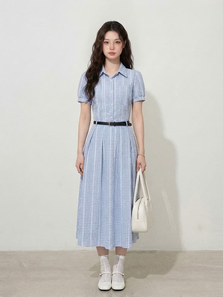 실사 원본 품질 빅 사이즈 여성 의류 l-4xl 한 부서 품격 허리 수축 슬림해 보이는 스트라이프 반팔 셔츠 드레스 상세 이미지 3