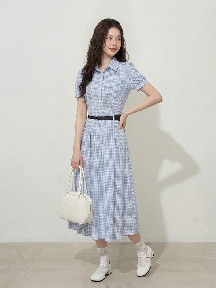 실사 원본 품질 빅 사이즈 여성 의류 l-4xl 한 부서 품격 허리 수축 슬림해 보이는 스트라이프 반팔 셔츠 드레스 상세 이미지 4