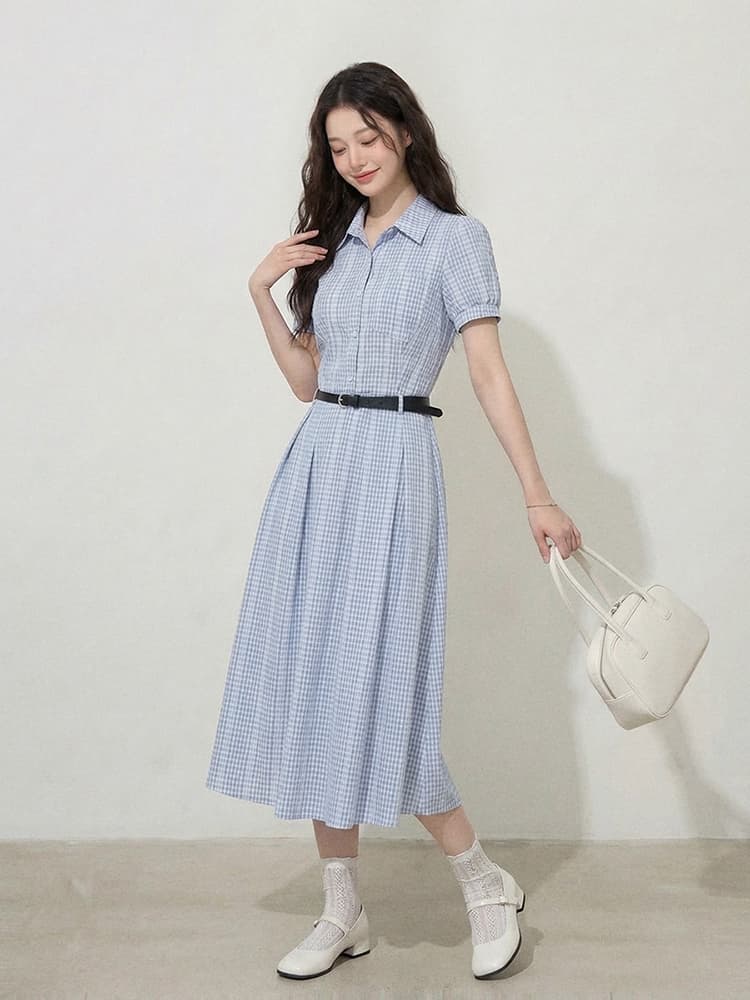 실사 원본 품질 빅 사이즈 여성 의류 l-4xl 한 부서 품격 허리 수축 슬림해 보이는 스트라이프 반팔 셔츠 드레스 상세 이미지 5
