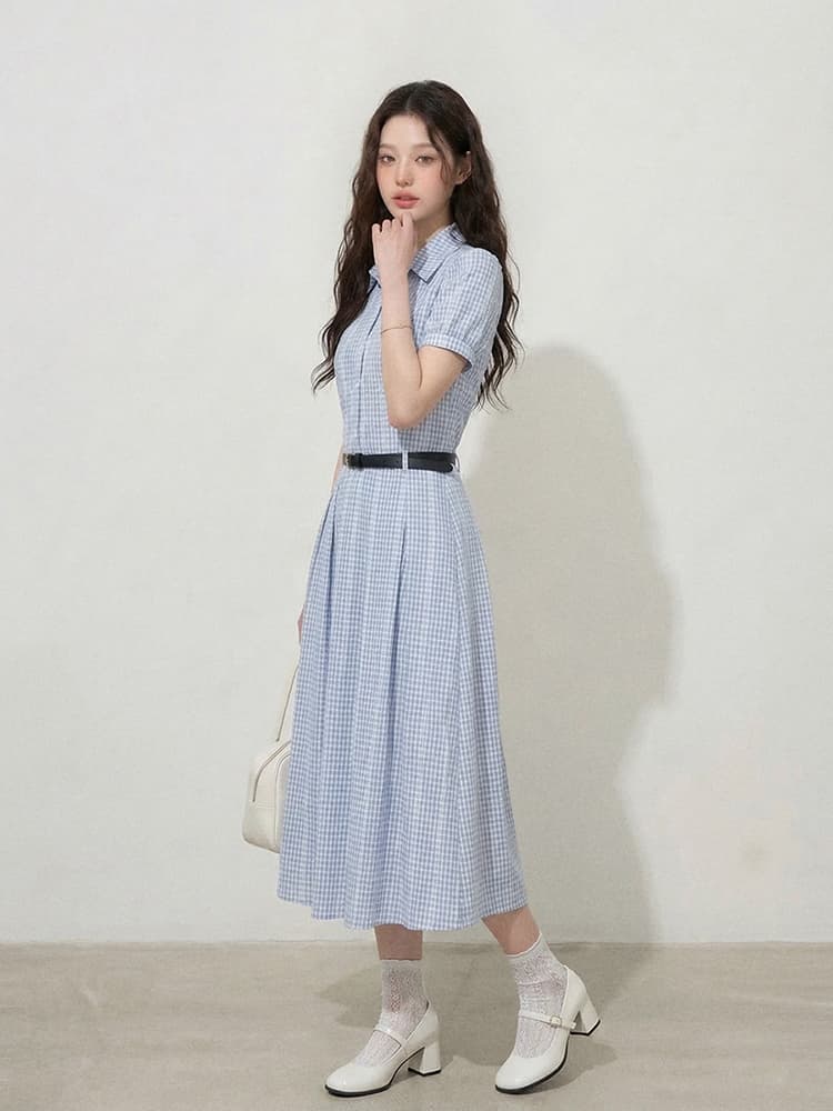 실사 원본 품질 빅 사이즈 여성 의류 l-4xl 한 부서 품격 허리 수축 슬림해 보이는 스트라이프 반팔 셔츠 드레스 상세 이미지 7