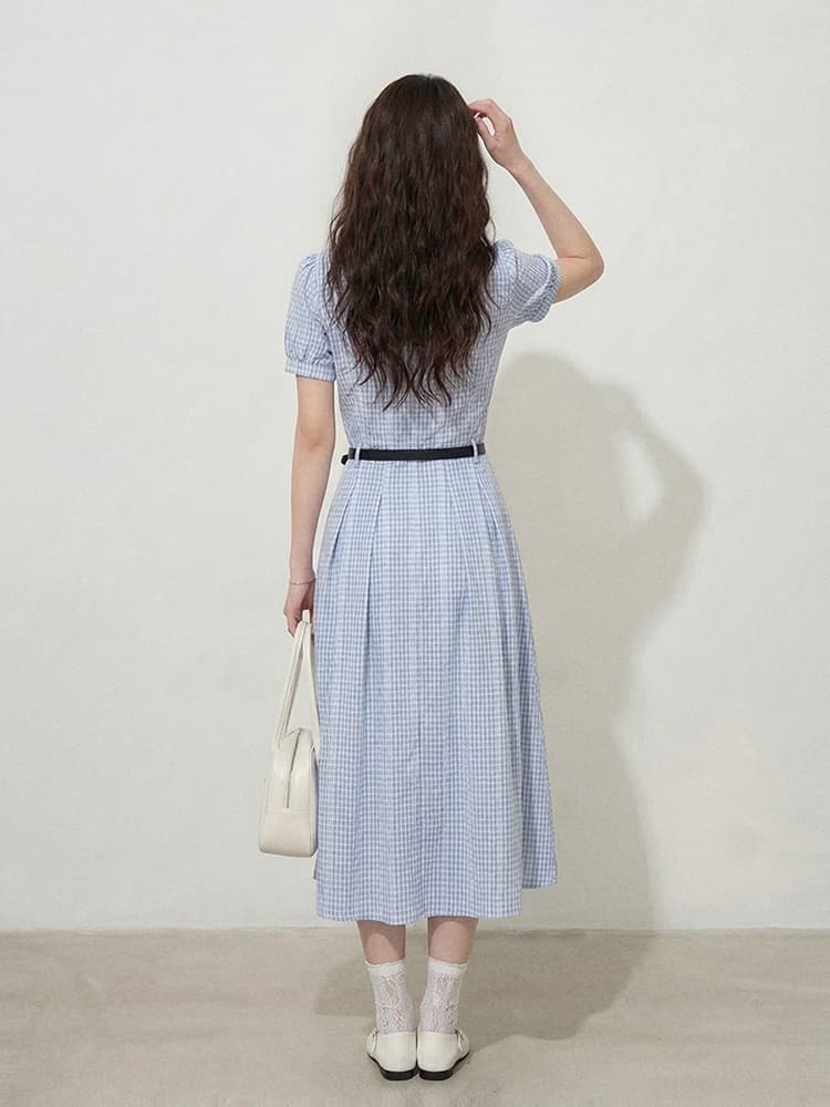 실사 원본 품질 빅 사이즈 여성 의류 l-4xl 한 부서 품격 허리 수축 슬림해 보이는 스트라이프 반팔 셔츠 드레스 상세 이미지 9