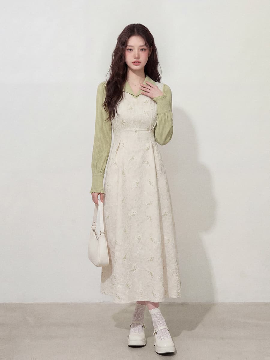 실사 l-4xl 빅 사이즈 여성 의류 긴팔 프랑스식 레트로 폴로 칼라 우아함 허리 수축 슬림해 보이는 품격 롱 코트 차 휴식 치마 이미지 4