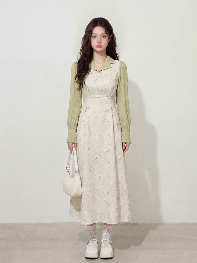 실사 l-4xl 빅 사이즈 여성 의류 긴팔 프랑스식 레트로 폴로 칼라 우아함 허리 수축 슬림해 보이는 품격 롱 코트 차 휴식 치마 상세 이미지 1
