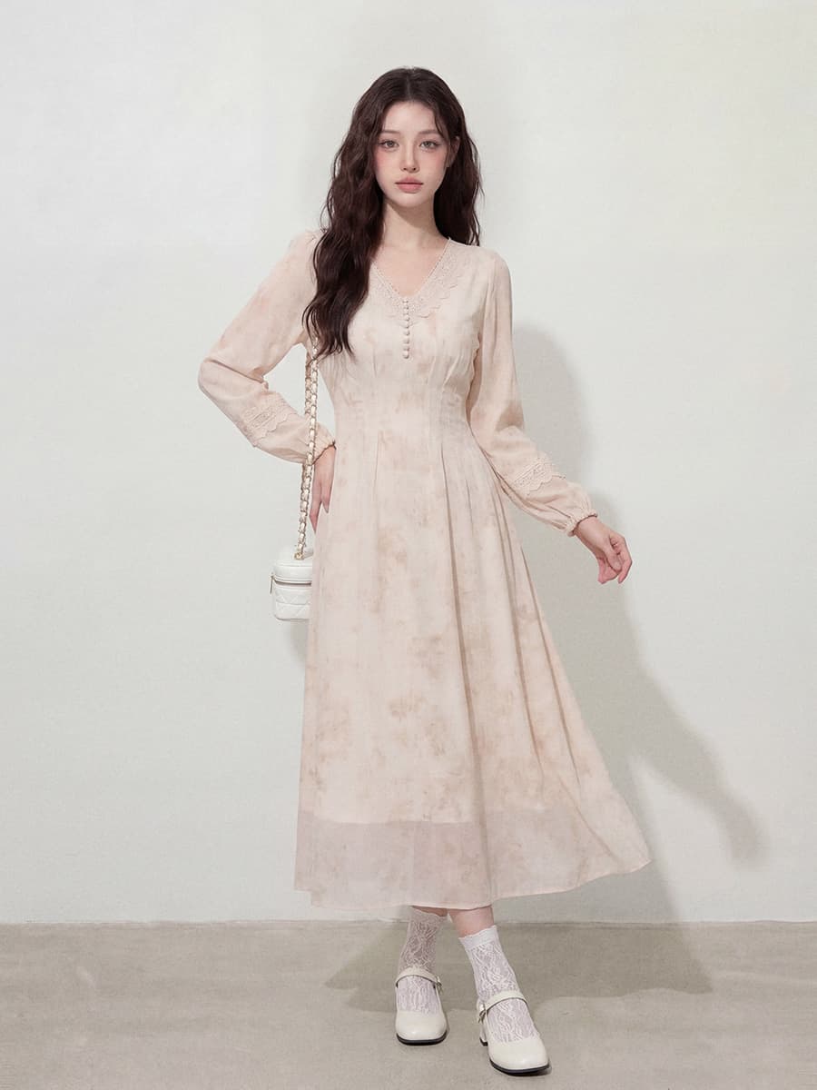 실사 빅 사이즈 여성 의류 프랑스식 부드러운 낭만주의 비틀림 디자인 드레스 우아함 품격 슬림해 보이는 요정 가스 롱 스커트 이미지 3