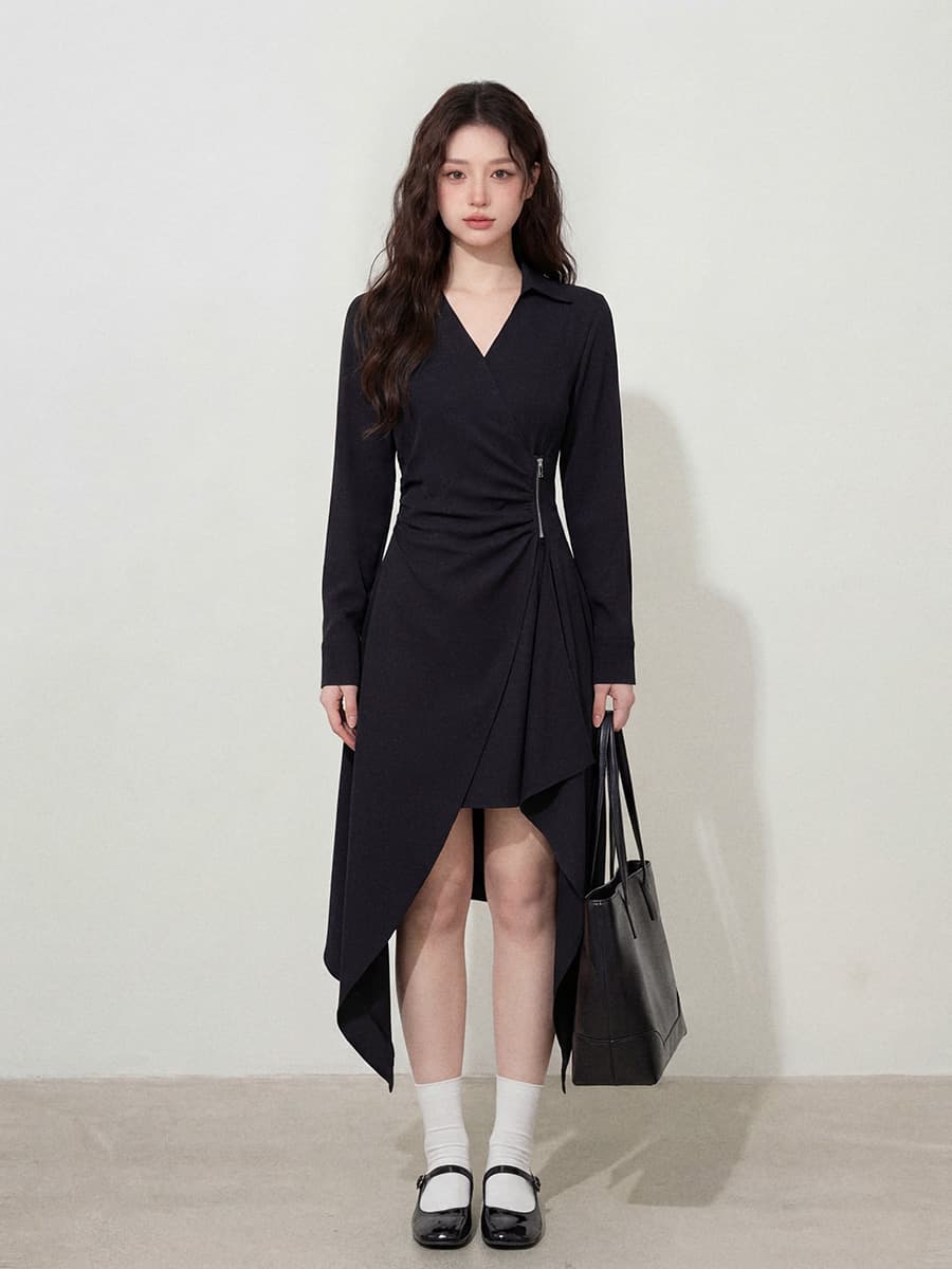 실사 l-4xl 빅 사이즈 여성 의류 불규칙 치마 V넥 단색 미니멀리즘 몸매 가꾸기 숨기기 고기 슬림해 보이는 검정색 드레스