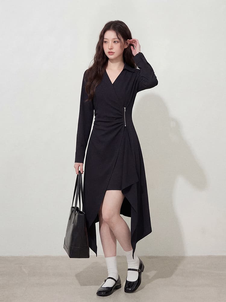 실사 l-4xl 빅 사이즈 여성 의류 불규칙 치마 V넥 단색 미니멀리즘 몸매 가꾸기 숨기기 고기 슬림해 보이는 검정색 드레스 상세 이미지 3