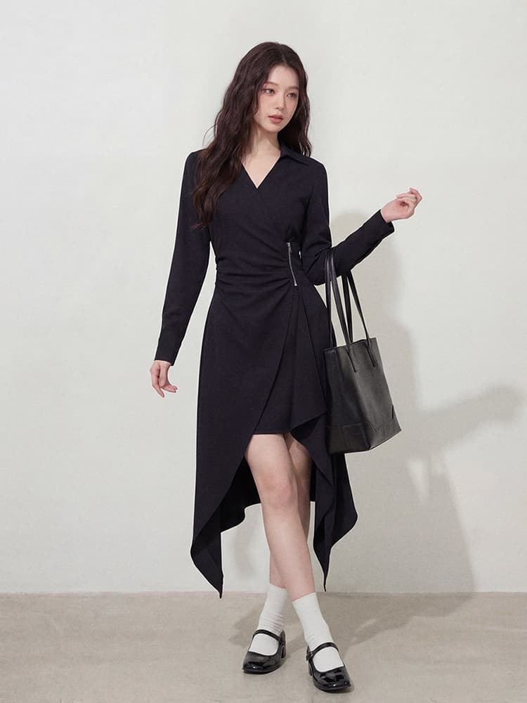 실사 l-4xl 빅 사이즈 여성 의류 불규칙 치마 V넥 단색 미니멀리즘 몸매 가꾸기 숨기기 고기 슬림해 보이는 검정색 드레스 상세 이미지 4