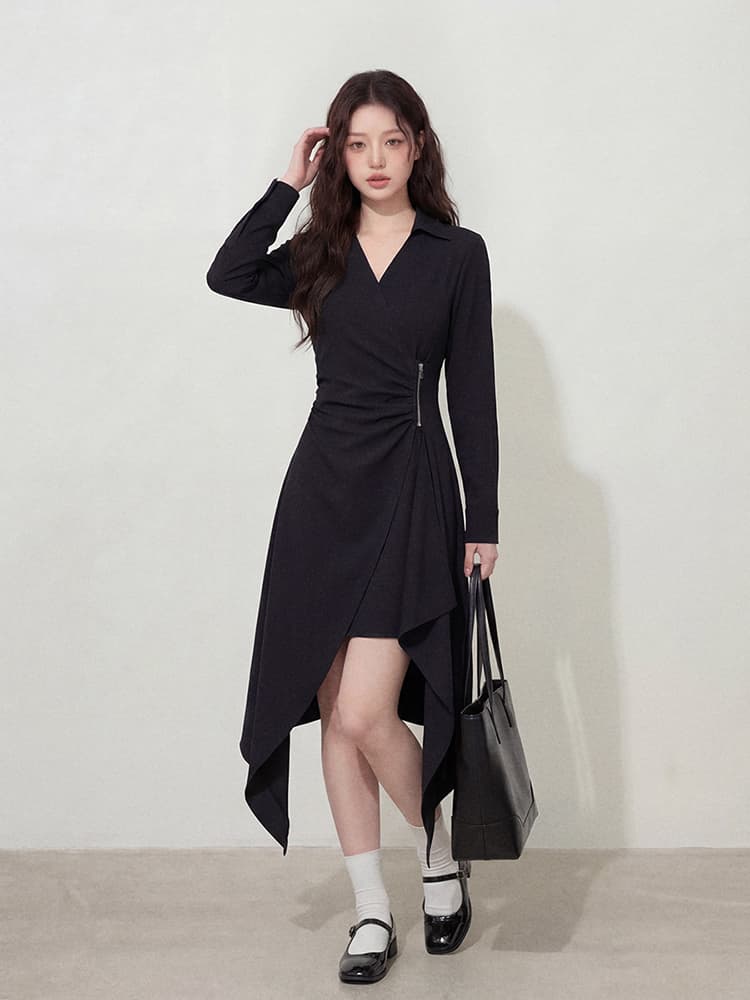 실사 l-4xl 빅 사이즈 여성 의류 불규칙 치마 V넥 단색 미니멀리즘 몸매 가꾸기 숨기기 고기 슬림해 보이는 검정색 드레스 상세 이미지 5