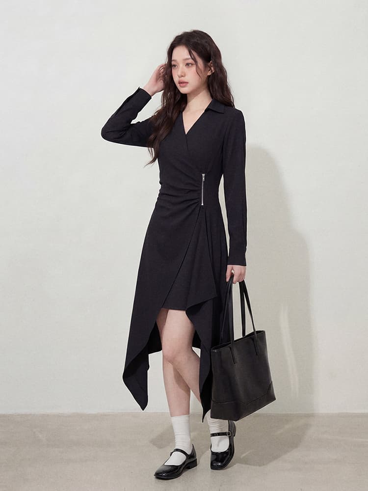 실사 l-4xl 빅 사이즈 여성 의류 불규칙 치마 V넥 단색 미니멀리즘 몸매 가꾸기 숨기기 고기 슬림해 보이는 검정색 드레스 상세 이미지 6