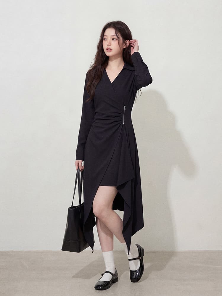 실사 l-4xl 빅 사이즈 여성 의류 불규칙 치마 V넥 단색 미니멀리즘 몸매 가꾸기 숨기기 고기 슬림해 보이는 검정색 드레스 상세 이미지 7