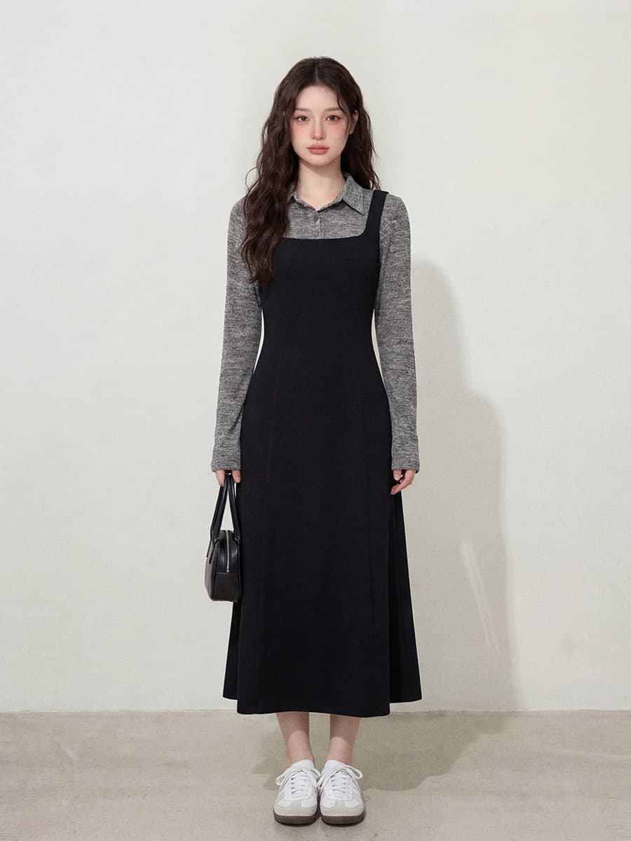 실사 l-4xl 빅 사이즈 여성 의류 이른 가을 셔츠 칼라 페이크 레이어드 긴팔 미니멀리즘 바람 순수한 한 마디 드레스 지방 mm