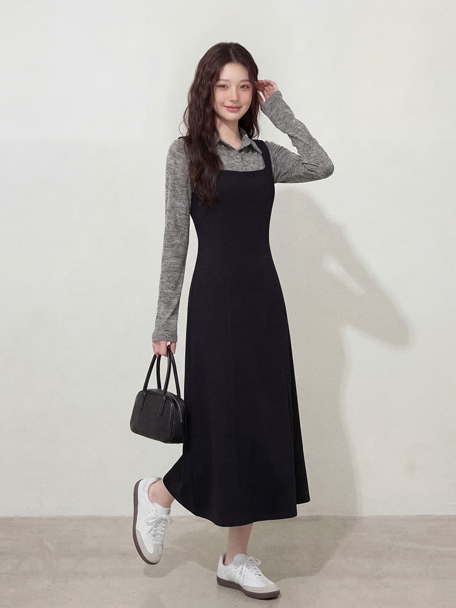 실사 l-4xl 빅 사이즈 여성 의류 이른 가을 셔츠 칼라 페이크 레이어드 긴팔 미니멀리즘 바람 순수한 한 마디 드레스 지방 mm 이미지 2
