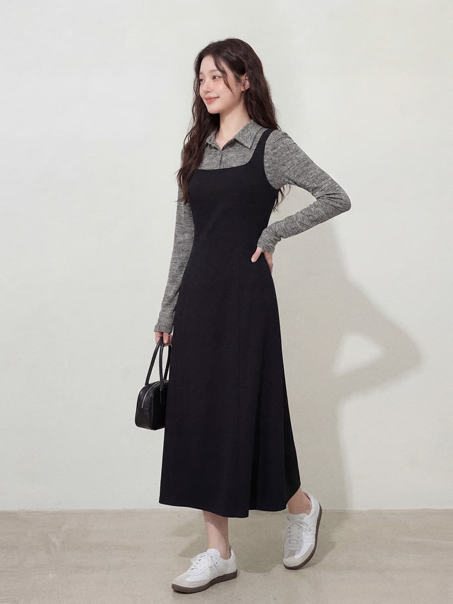 실사 l-4xl 빅 사이즈 여성 의류 이른 가을 셔츠 칼라 페이크 레이어드 긴팔 미니멀리즘 바람 순수한 한 마디 드레스 지방 mm 이미지 3