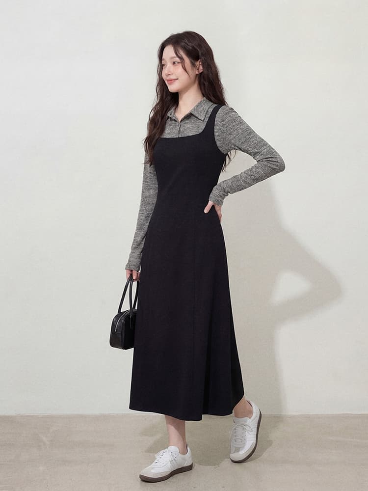 실사 l-4xl 빅 사이즈 여성 의류 이른 가을 셔츠 칼라 페이크 레이어드 긴팔 미니멀리즘 바람 순수한 한 마디 드레스 지방 mm 상세 이미지 4