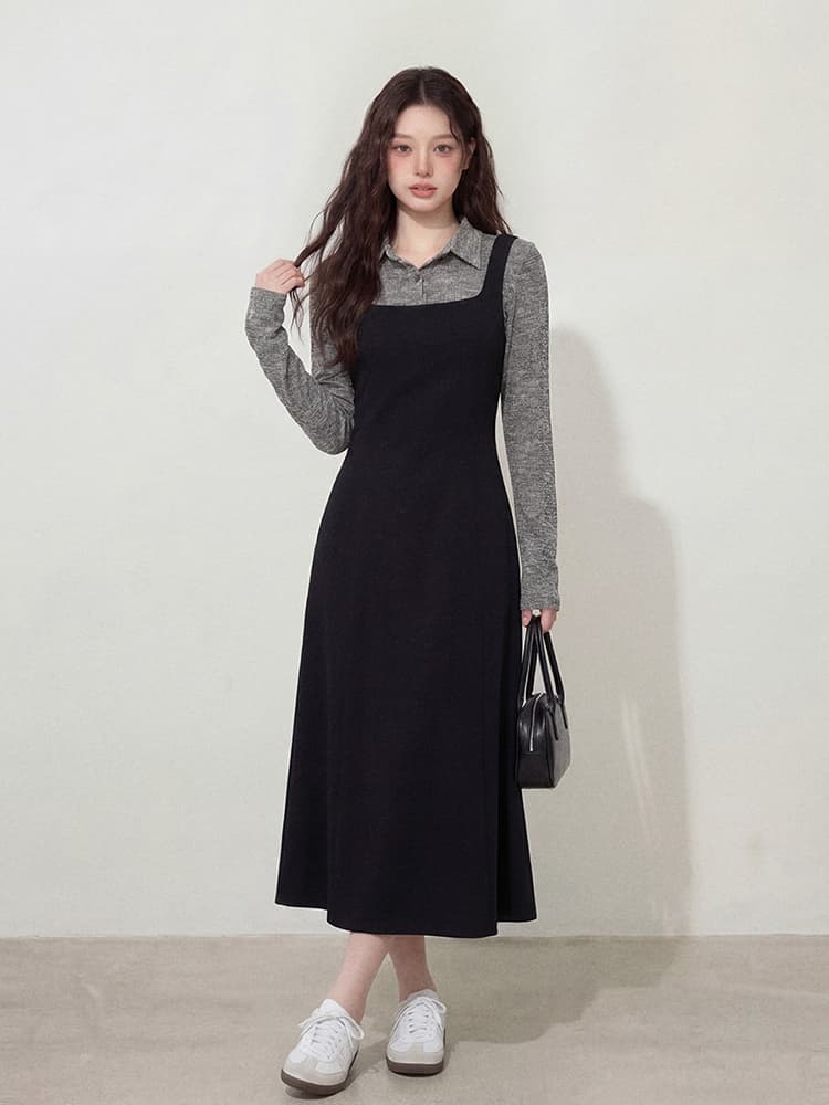 실사 l-4xl 빅 사이즈 여성 의류 이른 가을 셔츠 칼라 페이크 레이어드 긴팔 미니멀리즘 바람 순수한 한 마디 드레스 지방 mm 상세 이미지 6
