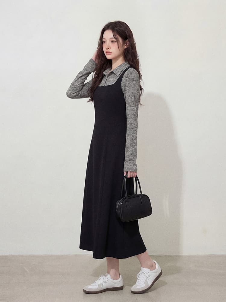 실사 l-4xl 빅 사이즈 여성 의류 이른 가을 셔츠 칼라 페이크 레이어드 긴팔 미니멀리즘 바람 순수한 한 마디 드레스 지방 mm 상세 이미지 8