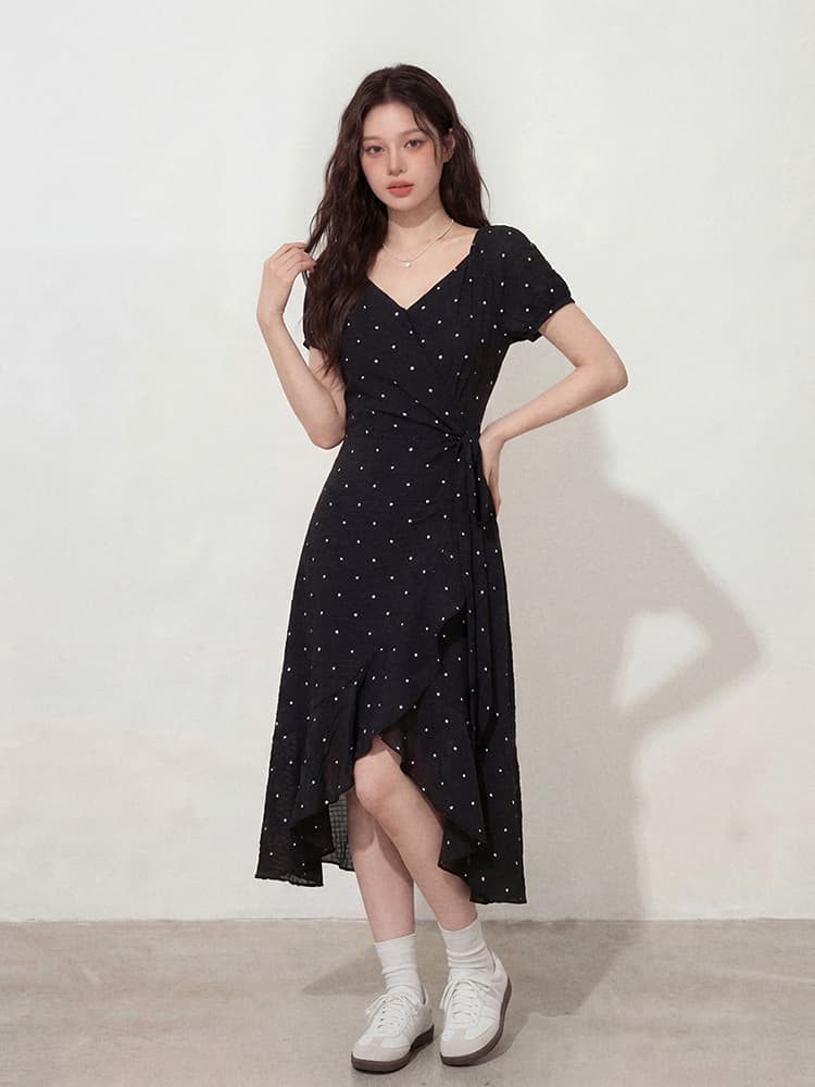 실사 빅 사이즈 여성 의류 검정색 빨간색 도트 무늬 꽃 치마 질감 센스 불규칙 치마 A라인 스커트 반팔 드레스 상세 이미지 5