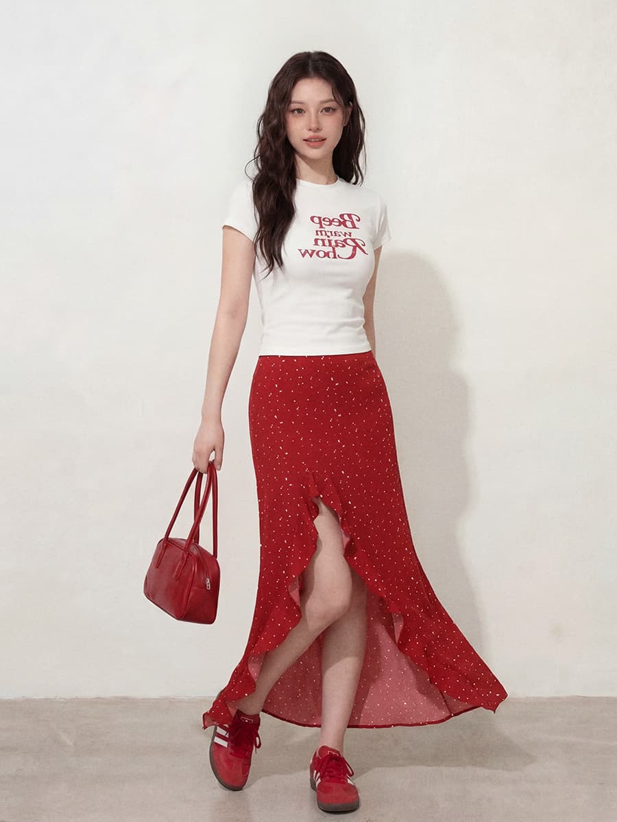 실사 l-4xl 빅 사이즈 여성 의류 화이트 티셔츠 반팔 여름 빨간색 트임 레이스 치마 롱 스커트 투피스 세트 이미지 4