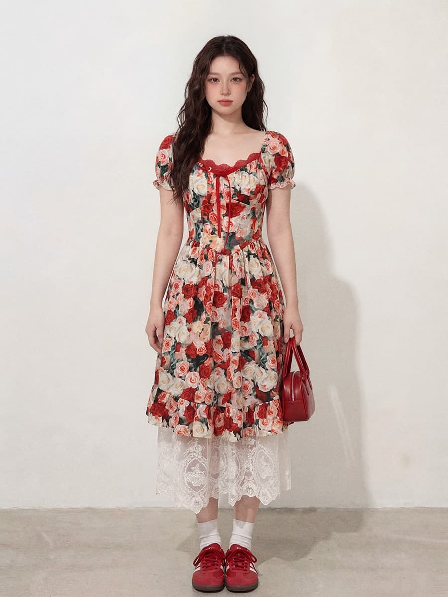 실사 l-4xl 빅 사이즈 여성 의류 레트로 유화 바람 광장 칼라 꽃 프린트 드레스 지방 mm 허리 수축 롱 스커트 여성