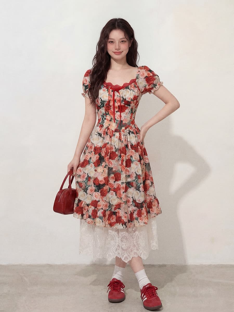 실사 l-4xl 빅 사이즈 여성 의류 레트로 유화 바람 광장 칼라 꽃 프린트 드레스 지방 mm 허리 수축 롱 스커트 여성 이미지 2