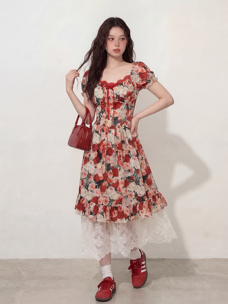 실사 l-4xl 빅 사이즈 여성 의류 레트로 유화 바람 광장 칼라 꽃 프린트 드레스 지방 mm 허리 수축 롱 스커트 여성 상세 이미지 4