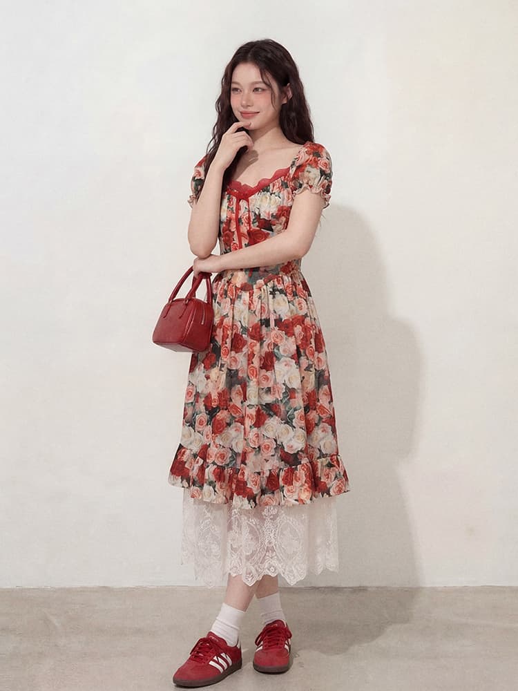 실사 l-4xl 빅 사이즈 여성 의류 레트로 유화 바람 광장 칼라 꽃 프린트 드레스 지방 mm 허리 수축 롱 스커트 여성 상세 이미지 6