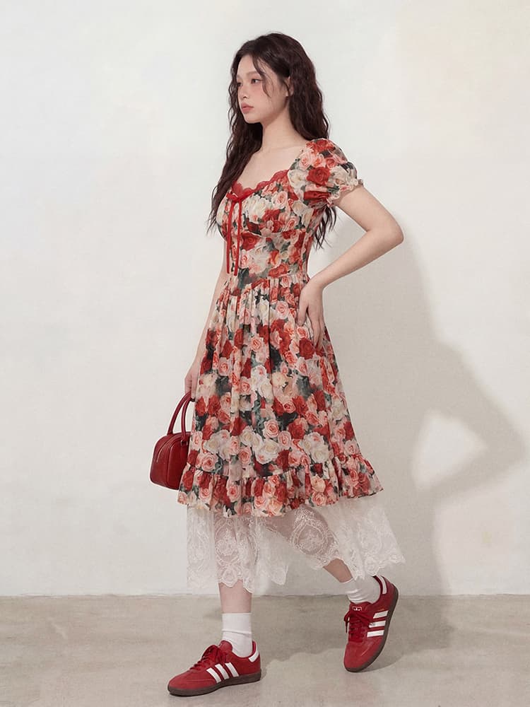 실사 l-4xl 빅 사이즈 여성 의류 레트로 유화 바람 광장 칼라 꽃 프린트 드레스 지방 mm 허리 수축 롱 스커트 여성 상세 이미지 8
