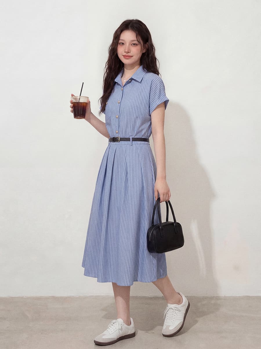 실사 빅 사이즈 여성 의류 여름 새로운 다용도 슬림해 보이는 문예 파란색 드레스 면접 출퇴근 프랑스식 치마 이미지 4